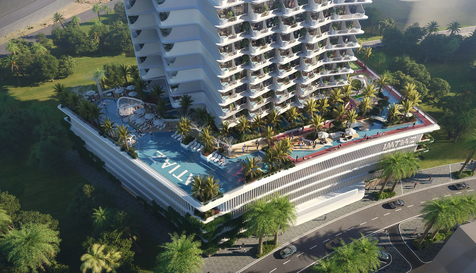Aerial view of Cove by Imtiaz with its podium pool deck and palm-lined terraces