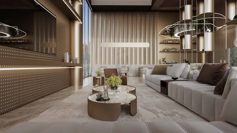 Club room with sofas, bar counter and floor-to-ceiling windows at Cove by Imtiaz