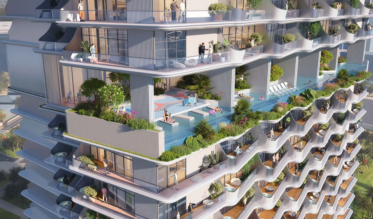 Sky pool terrace set into the tower at Cove by Imtiaz