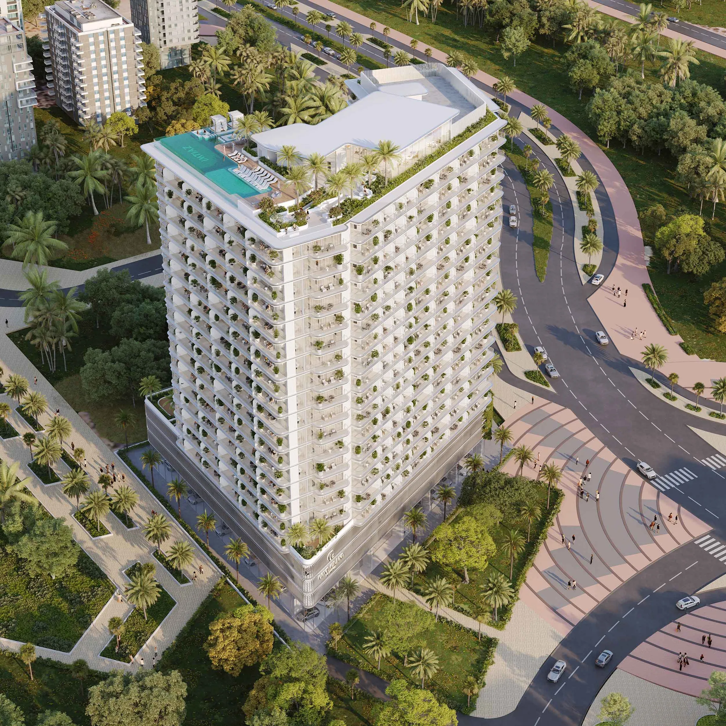 Aerial view of Cove Grand by Imtiaz in Dubailand Residence Complex, with a rooftop infinity pool and parkland around the tower
