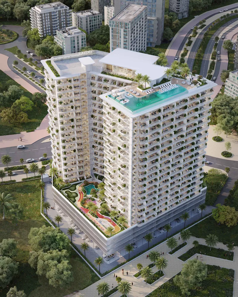 Cove Grand by Imtiaz seen from above, showing the rooftop pool and the podium garden with play areas
