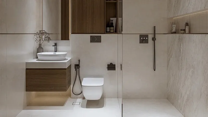 Bathroom with a walk-in shower, wall-hung basin and wood cabinets in a Coventry 49 apartment