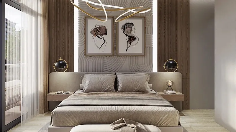 Bedroom with a textured feature wall, pendant lights and a full-height window at Coventry 66