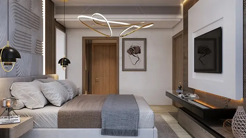 Bedroom seen from the side with a wall-mounted television and wood-panelled doors at Coventry 66