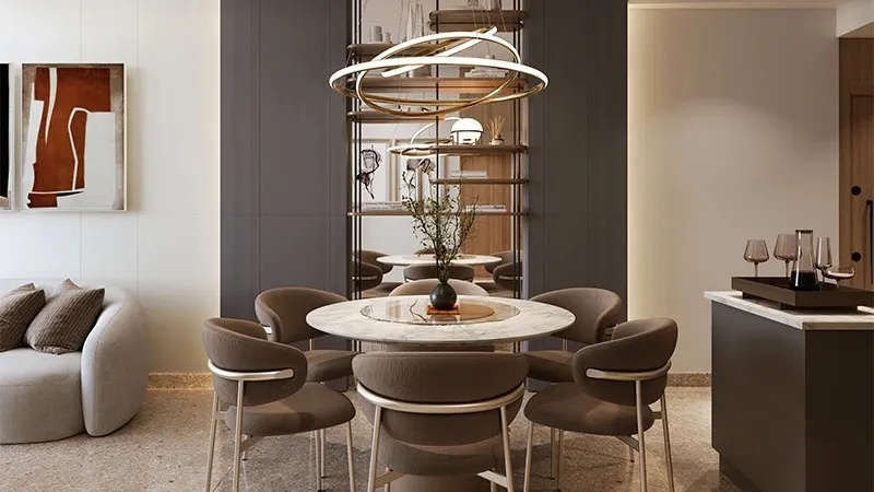 Dining table for six beside open shelving in a Coventry 66 apartment