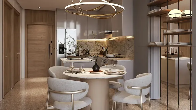 Round dining table in front of an open kitchen with a marble-effect splashback at Coventry 66