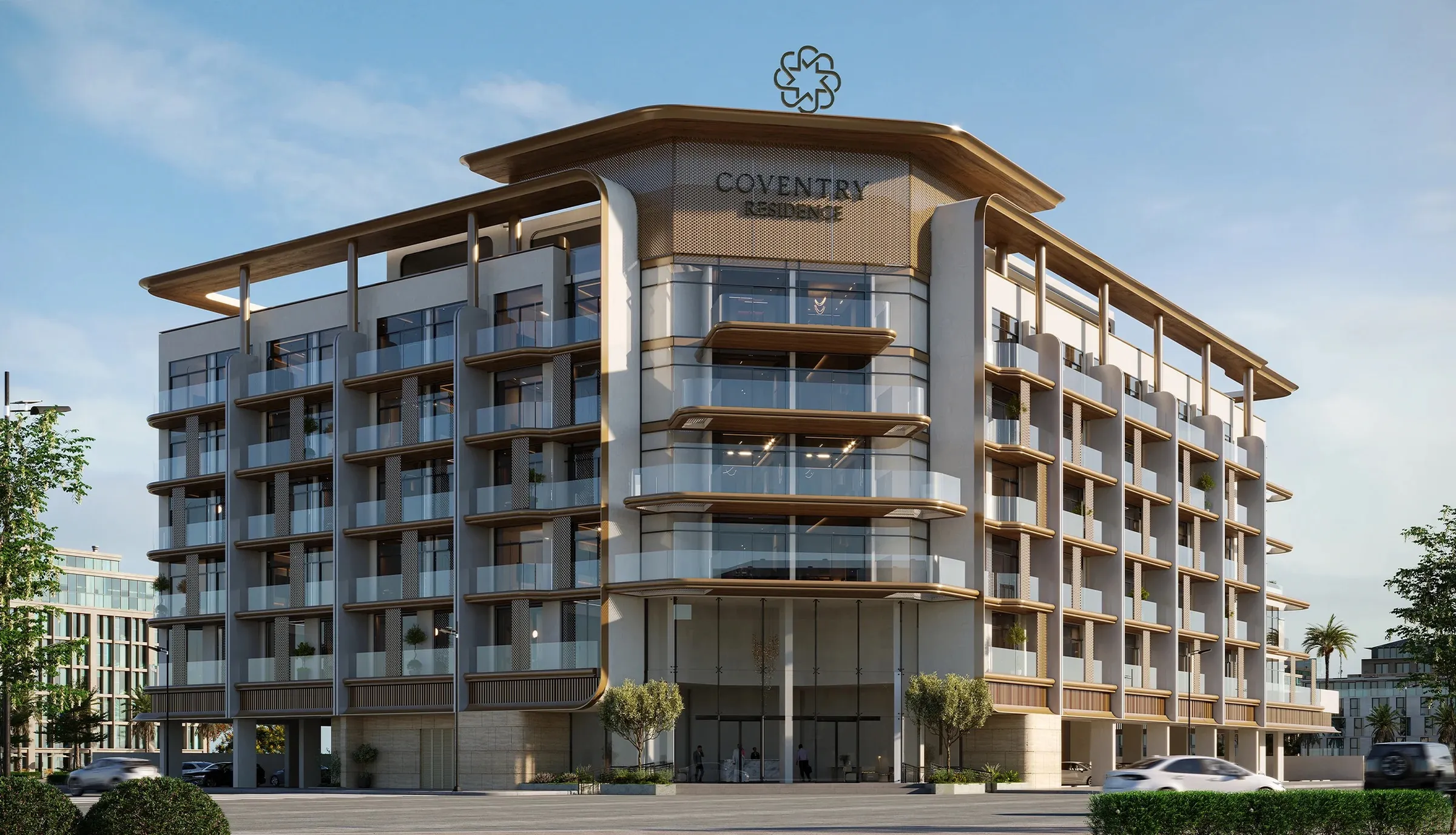 Coventry Residence, a mid-rise apartment building with glass balconies, bronze-edged floor slabs and a shaded roof