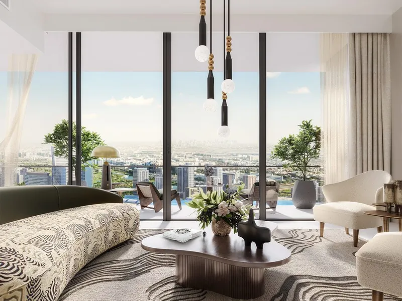 Interior render of a Creek Waters 2 living room with floor-to-ceiling windows