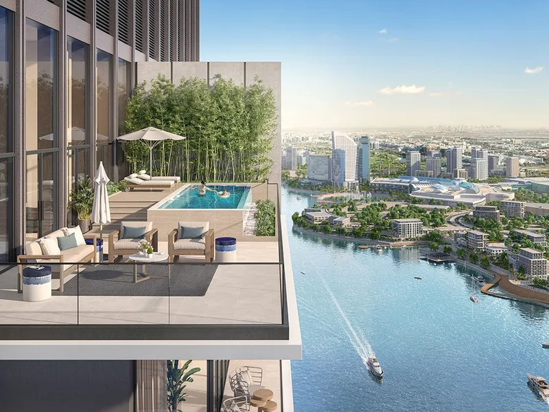 Render of a private terrace with a pool at Creek Waters 2 overlooking the creek