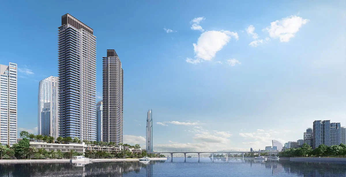 Render of the Creek Waters towers on Creek Island seen across the water by day