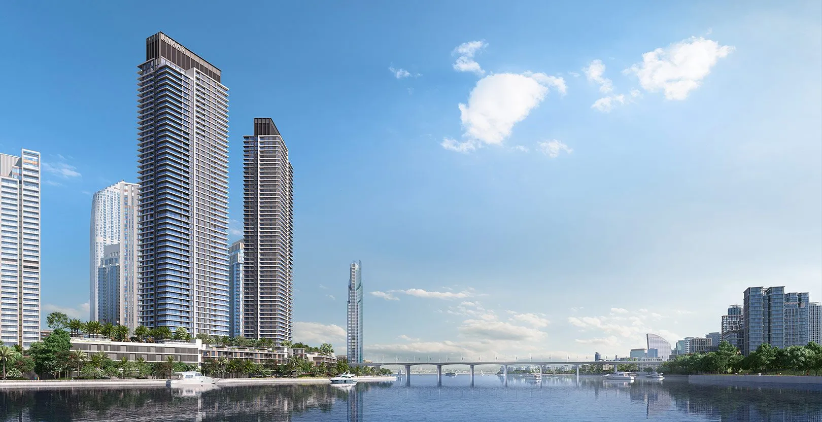 Render of the Creek Waters towers on Creek Island seen across the water by day