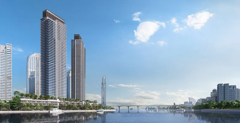 Render of the Creek Waters towers on Creek Island seen across the water by day