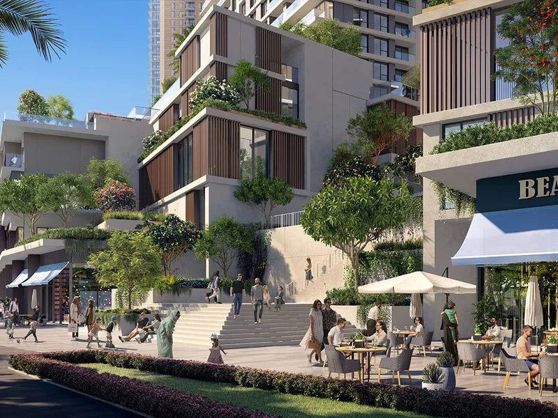 Render of the podium townhouses and cafe terraces at the base of Creek Waters 2