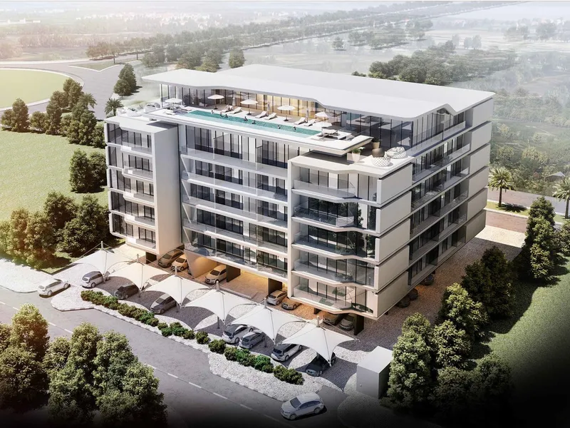 Aerial render of Cresswell Homes in Dubai South showing the rooftop pool