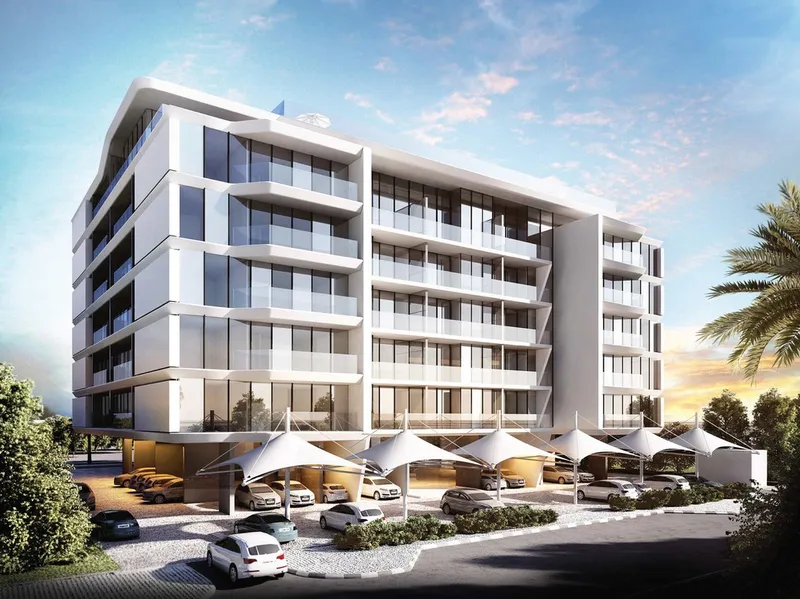 Render of the Cresswell Homes apartment building in Dubai South with shaded parking in front