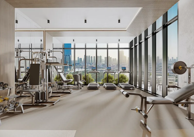 Render of the gym at Cresswell Homes with floor-to-ceiling windows