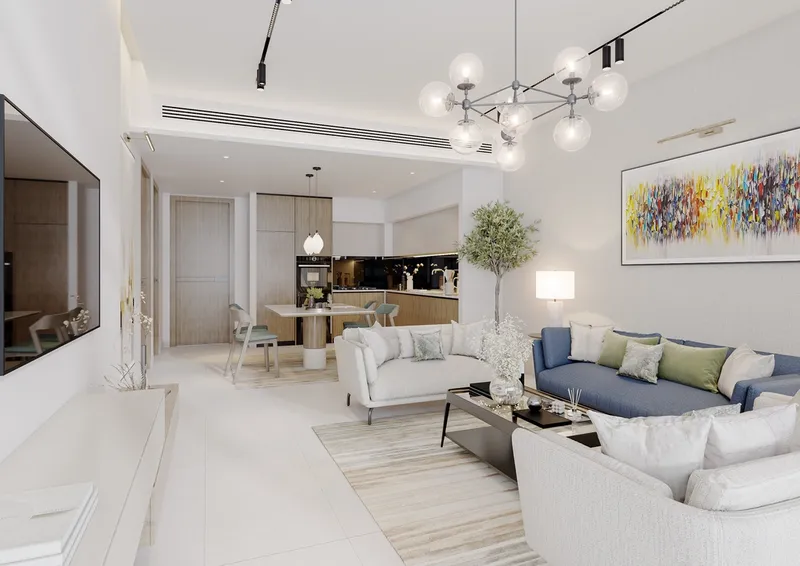Render of the living room and open kitchen of a one bedroom apartment at Cresswell Homes