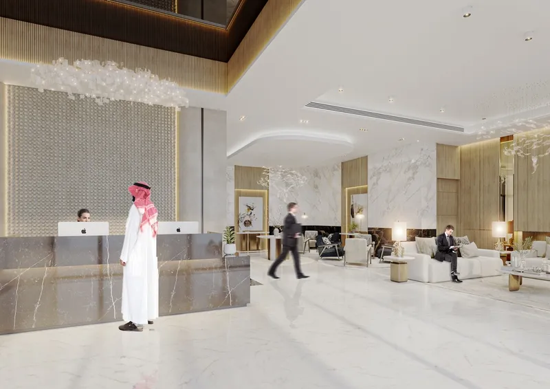 Render of the reception lobby at Cresswell Homes
