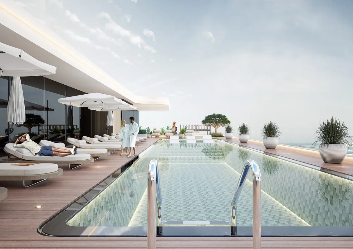 Render of the rooftop swimming pool and sun deck at Cresswell Homes