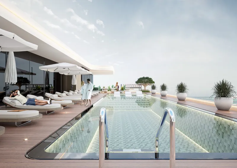 Render of the rooftop swimming pool and sun deck at Cresswell Homes