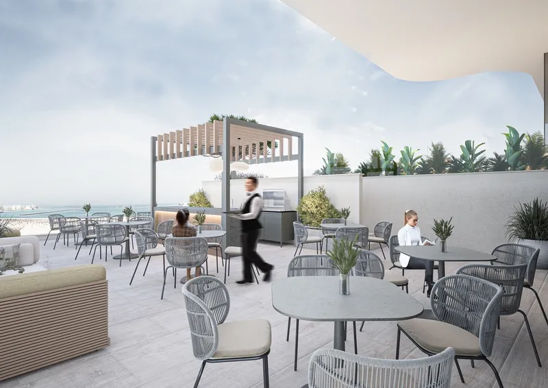 Render of the terrace with seating and a barbecue area at Cresswell Homes