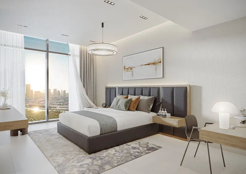 Render of the master bedroom of a two bedroom apartment at Cresswell Homes