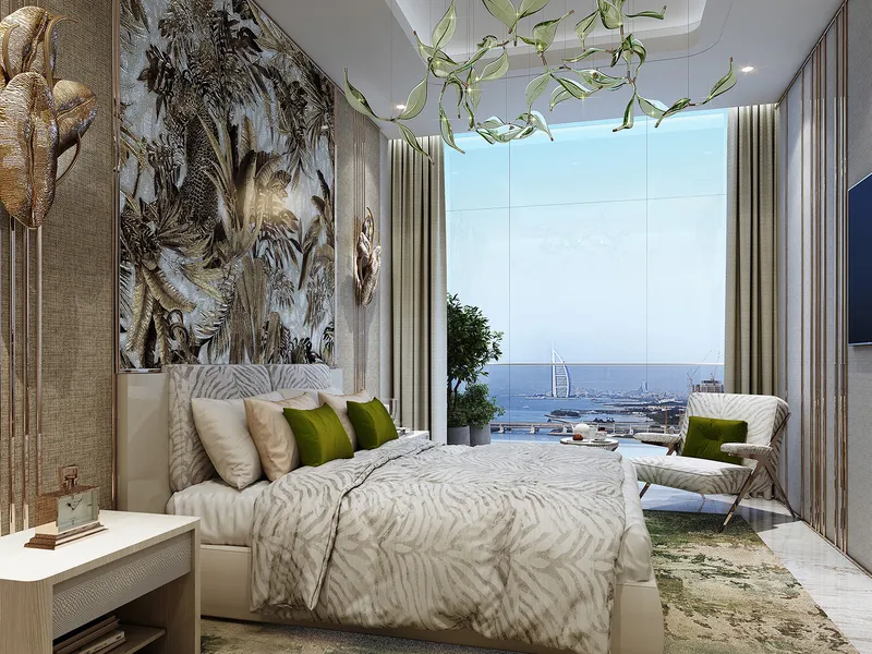 Bedroom at DAMAC Bay 2 by Cavalli with a patterned feature wall and a sea view