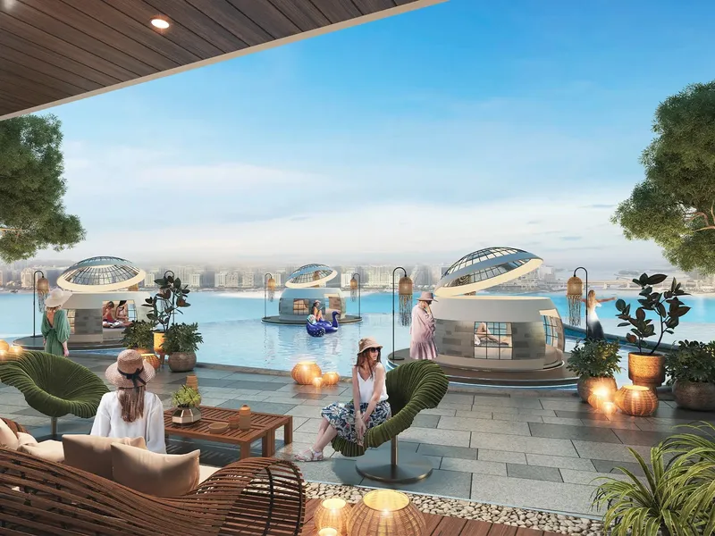 Floating relaxation pods on the water deck at DAMAC Bay 2 by Cavalli