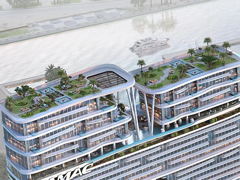 Aerial render of the landscaped rooftop gardens and upper levels of DAMAC Bay 2 by Cavalli