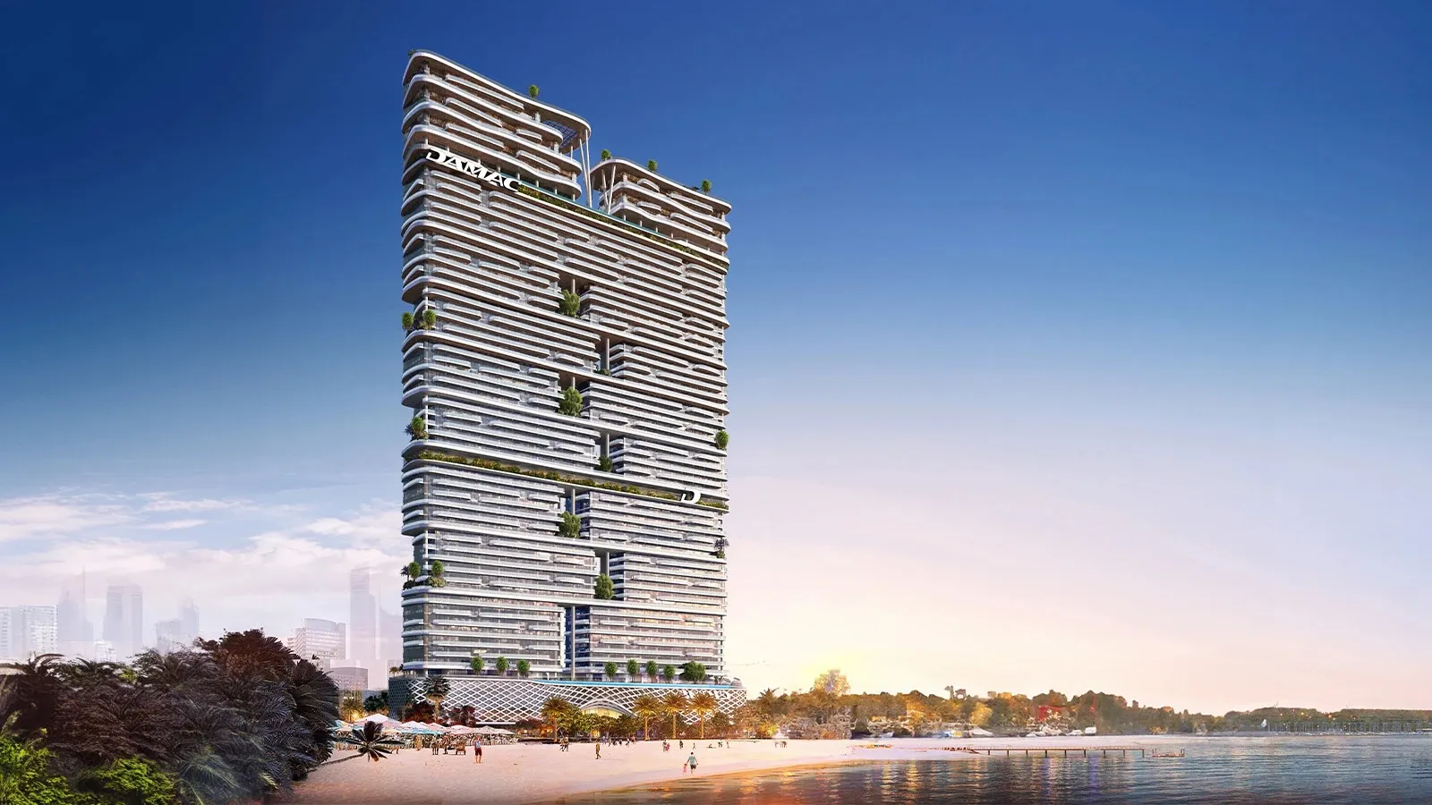 DAMAC Bay 2 by Cavalli seen from the water in Dubai Harbour, with a beach in front