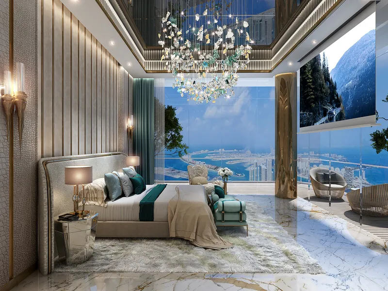 Bedroom with a crystal chandelier and floor-to-ceiling windows facing the sea at DAMAC Bay by Cavalli