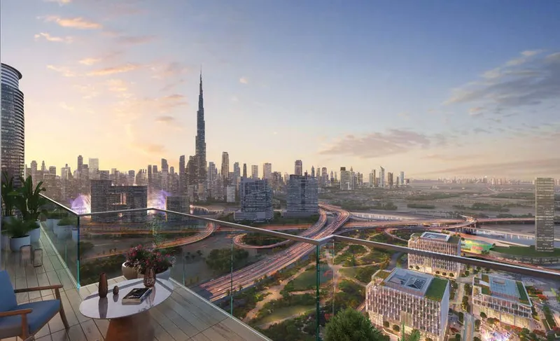 Render of a balcony at Design Quarter at d3 with a view of Burj Khalifa and Downtown Dubai