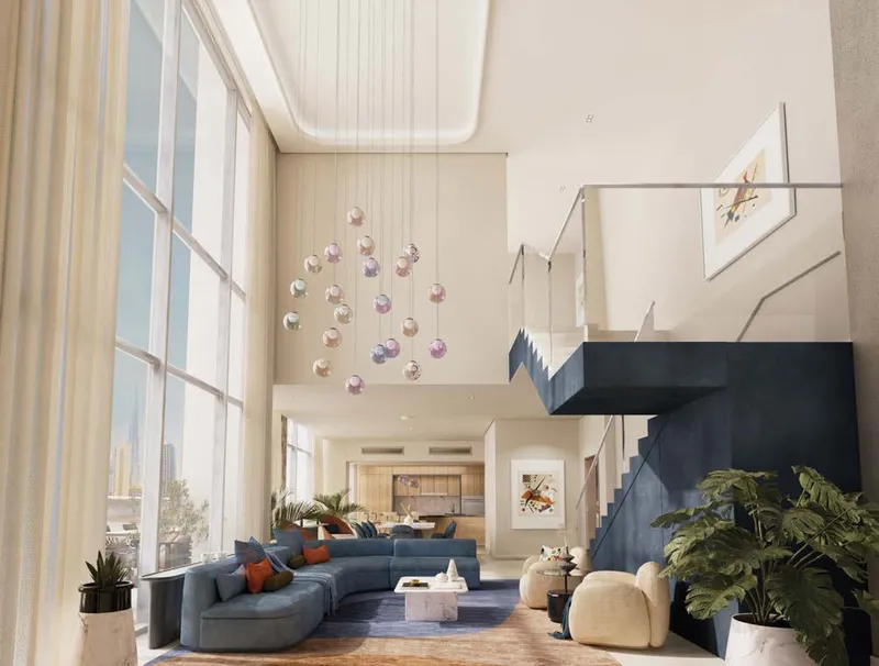 Render of a double-height duplex living room with a staircase at Design Quarter at d3