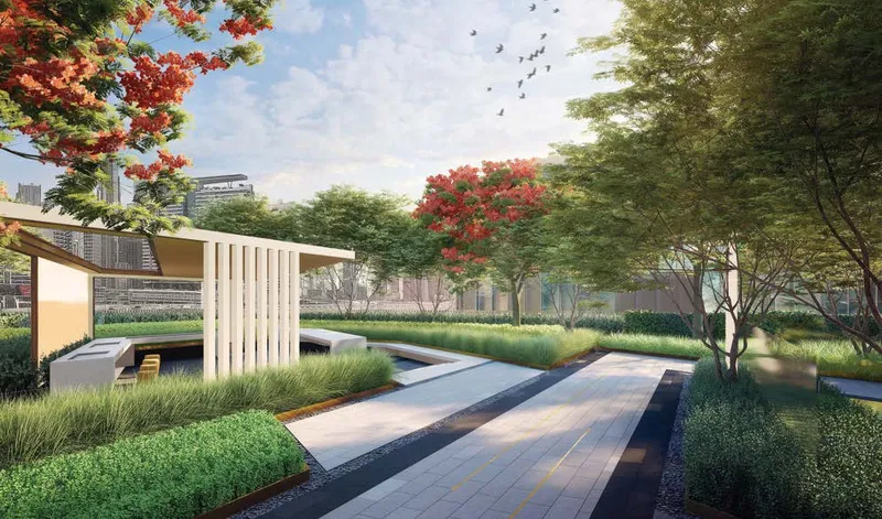 Render of landscaped paths and a pavilion in the gardens at Design Quarter at d3