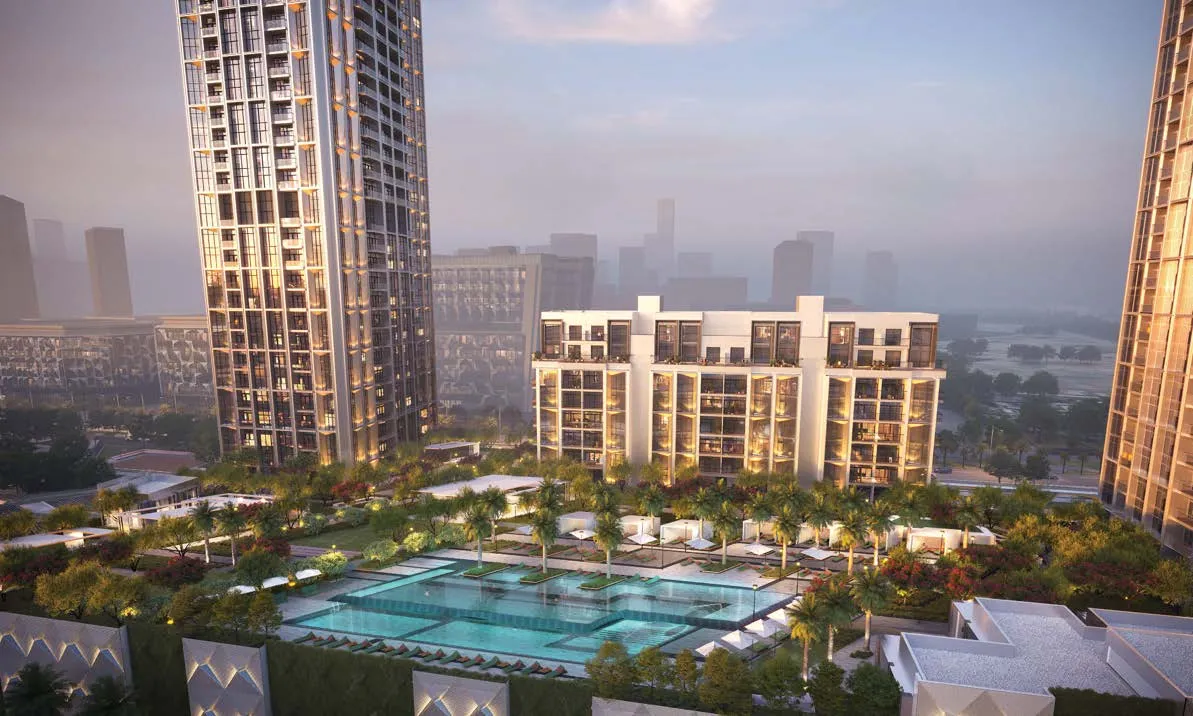 Render of the pool and gardens on the podium between the Design Quarter at d3 towers