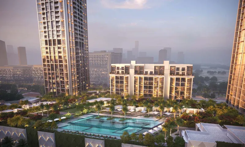Render of the pool and gardens on the podium between the Design Quarter at d3 towers