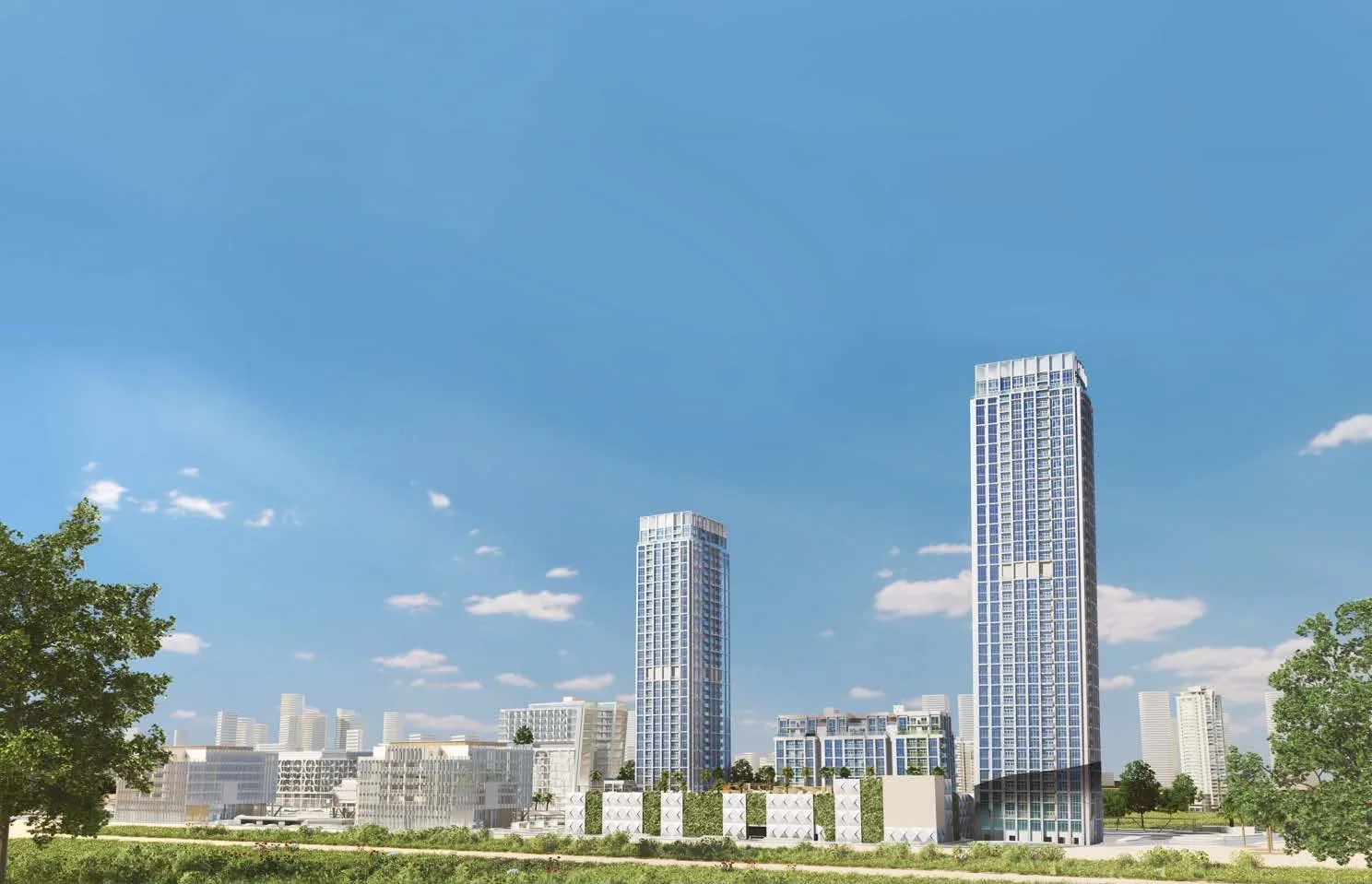 Render of the Design Quarter at d3 towers rising above Dubai Design District