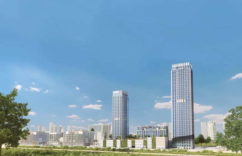Render of the Design Quarter at d3 towers rising above Dubai Design District