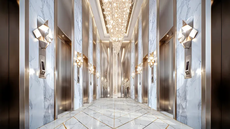 Marble lift lobby with chandelier at Diamondz by Danube