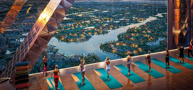 Sky deck yoga class at Diamondz by Danube with open views
