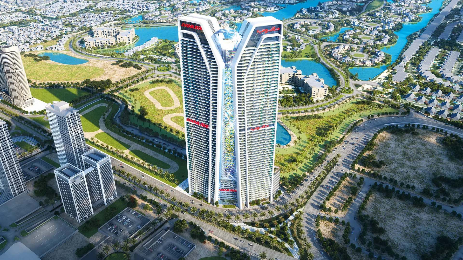 Aerial view of the Diamondz by Danube tower in Uptown, Jumeirah Lake Towers