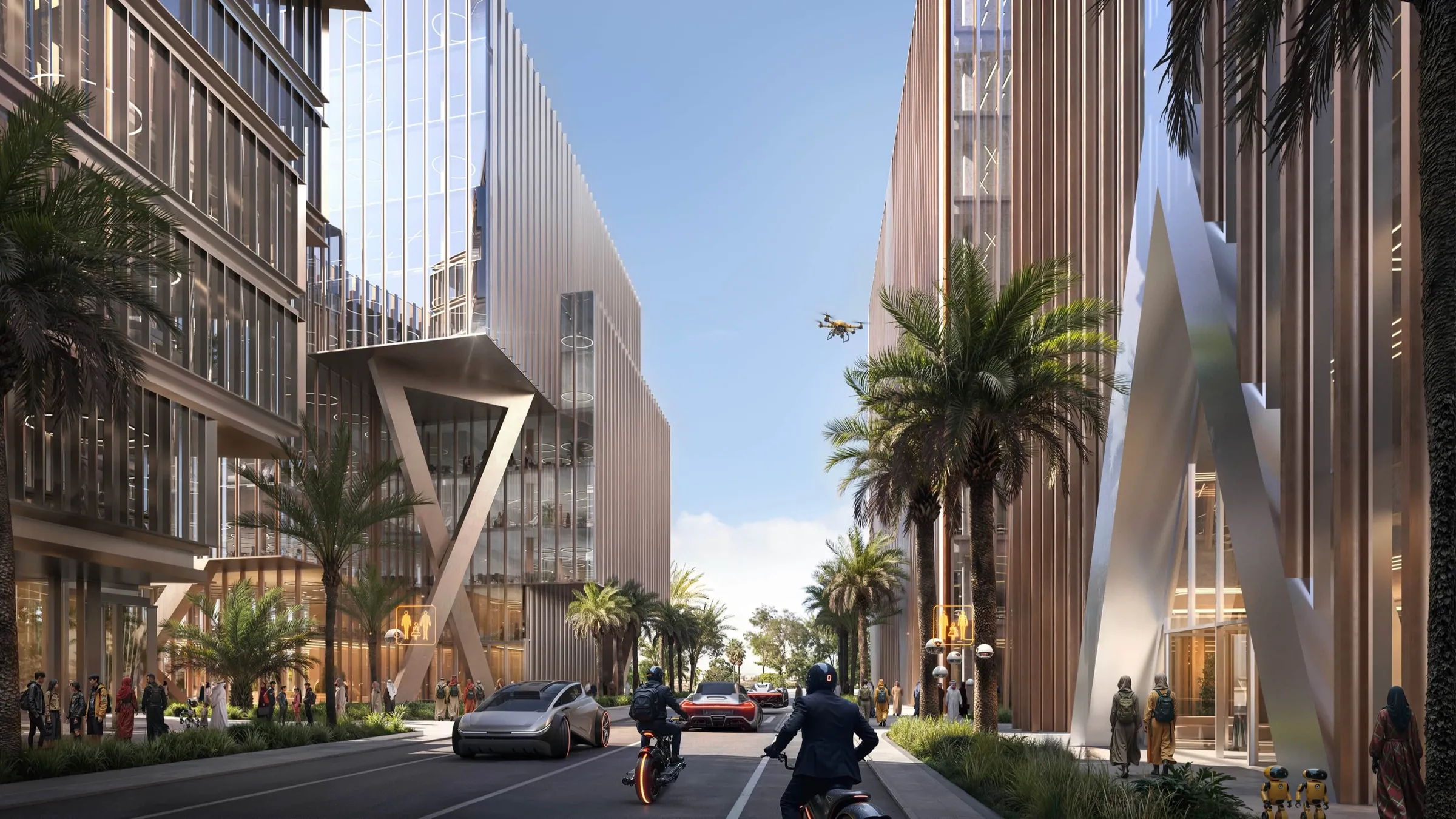 Render of a street between the District 11 office buildings in Muwaileh, Sharjah