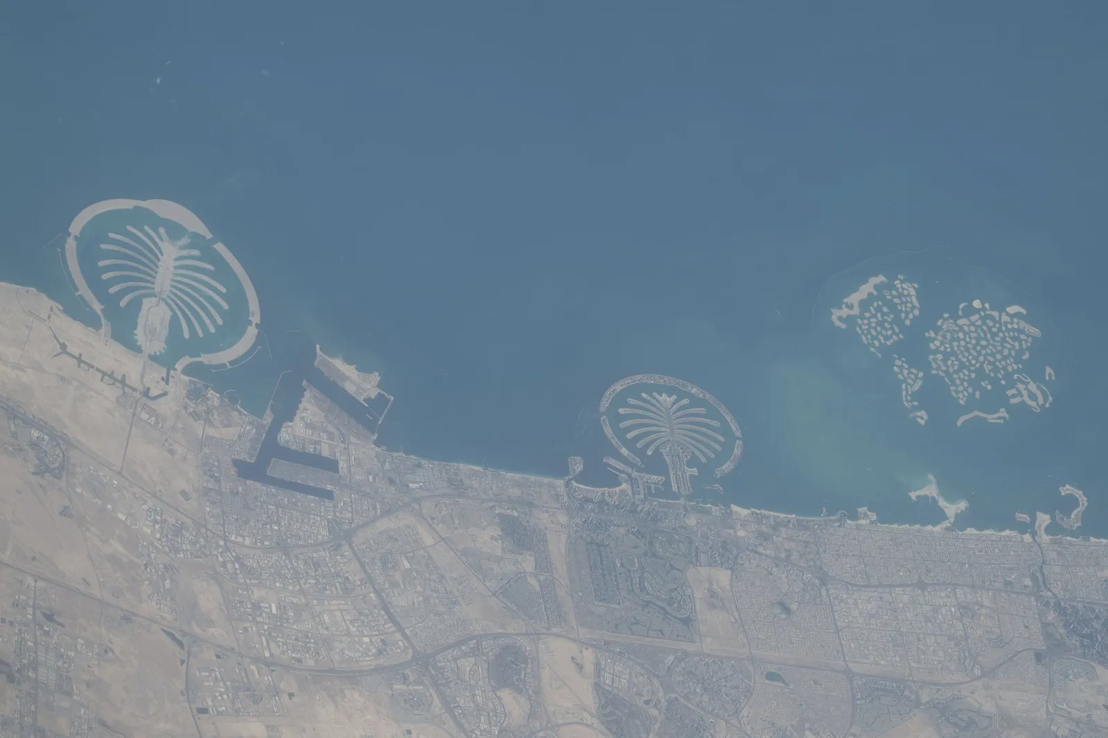 Dubai's coast from the International Space Station, with Palm Jebel Ali, Palm Jumeirah and The World islands