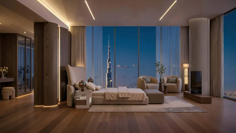 Render of a bedroom at DWTN Residences with a view of Burj Khalifa
