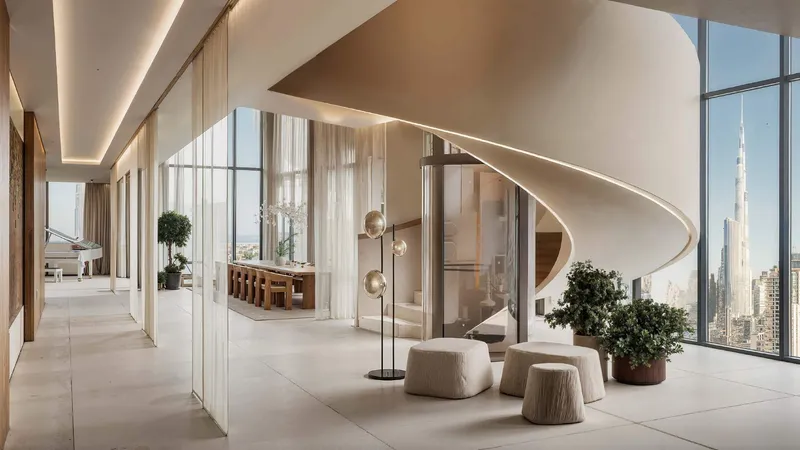 Render of the curved staircase inside a DWTN Residences duplex