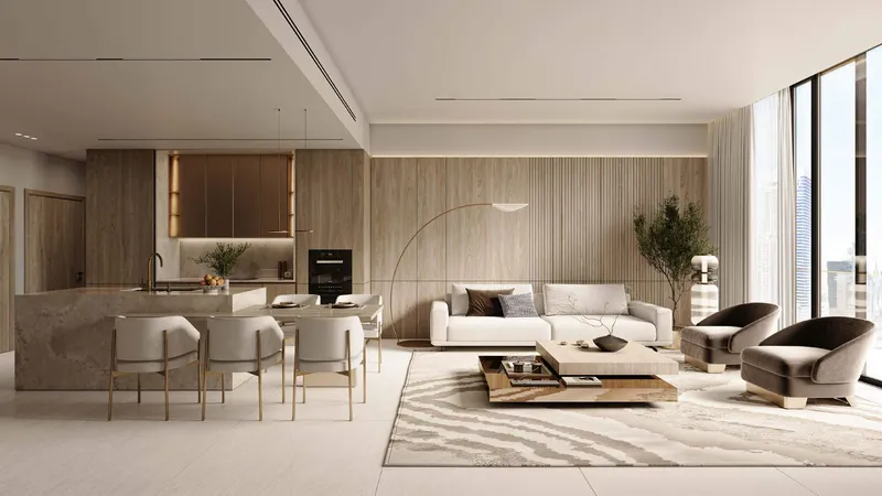 Render of a living and dining room in a DWTN Residences apartment