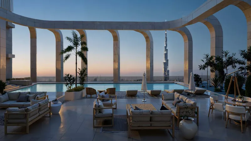 Render of the level 91 pool deck at DWTN Residences at dusk, with Burj Khalifa in view