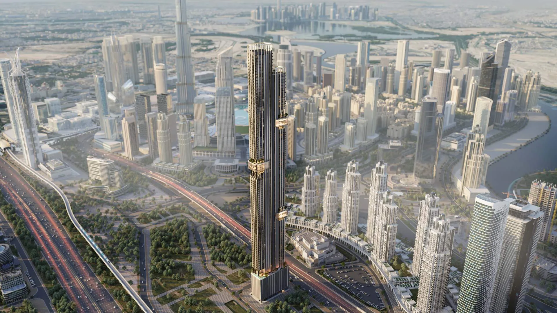 Aerial render of the DWTN Residences tower beside Sheikh Zayed Road, with Burj Khalifa and Business Bay around it