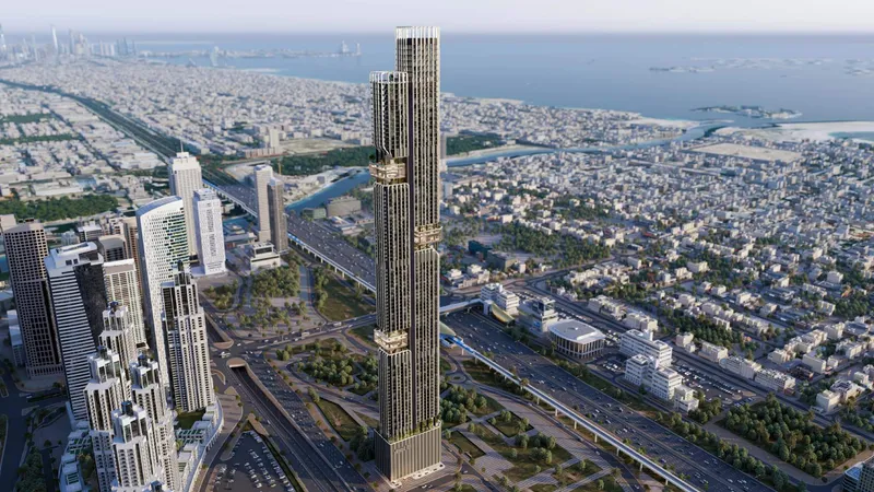 Aerial render of DWTN Residences looking west towards the Arabian Gulf
