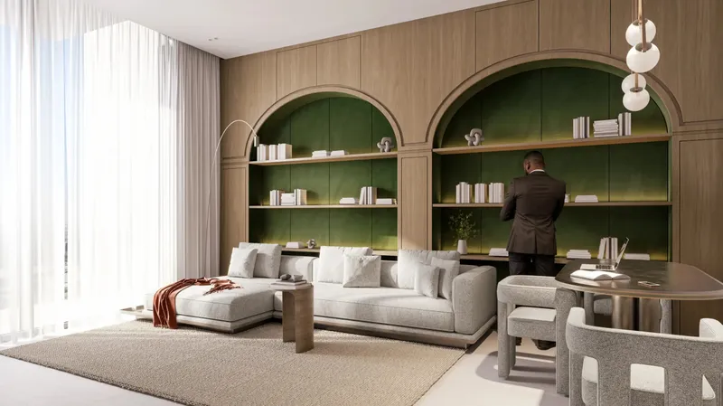 Clubhouse lounge at ELAR1S RISE with arched shelving